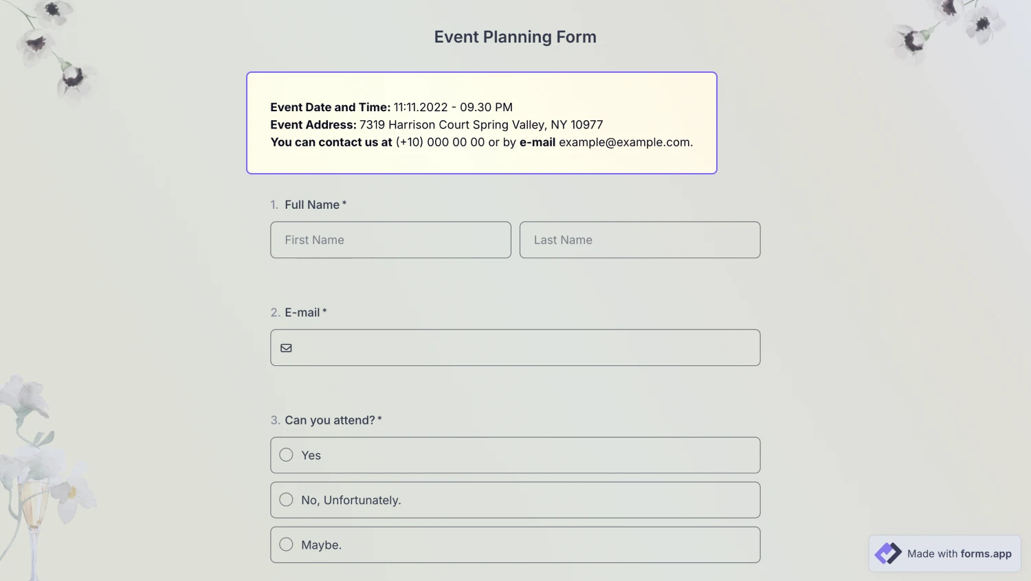 An image showing an example of the “Explanation field,” which provides information about event details at the beginning of the form