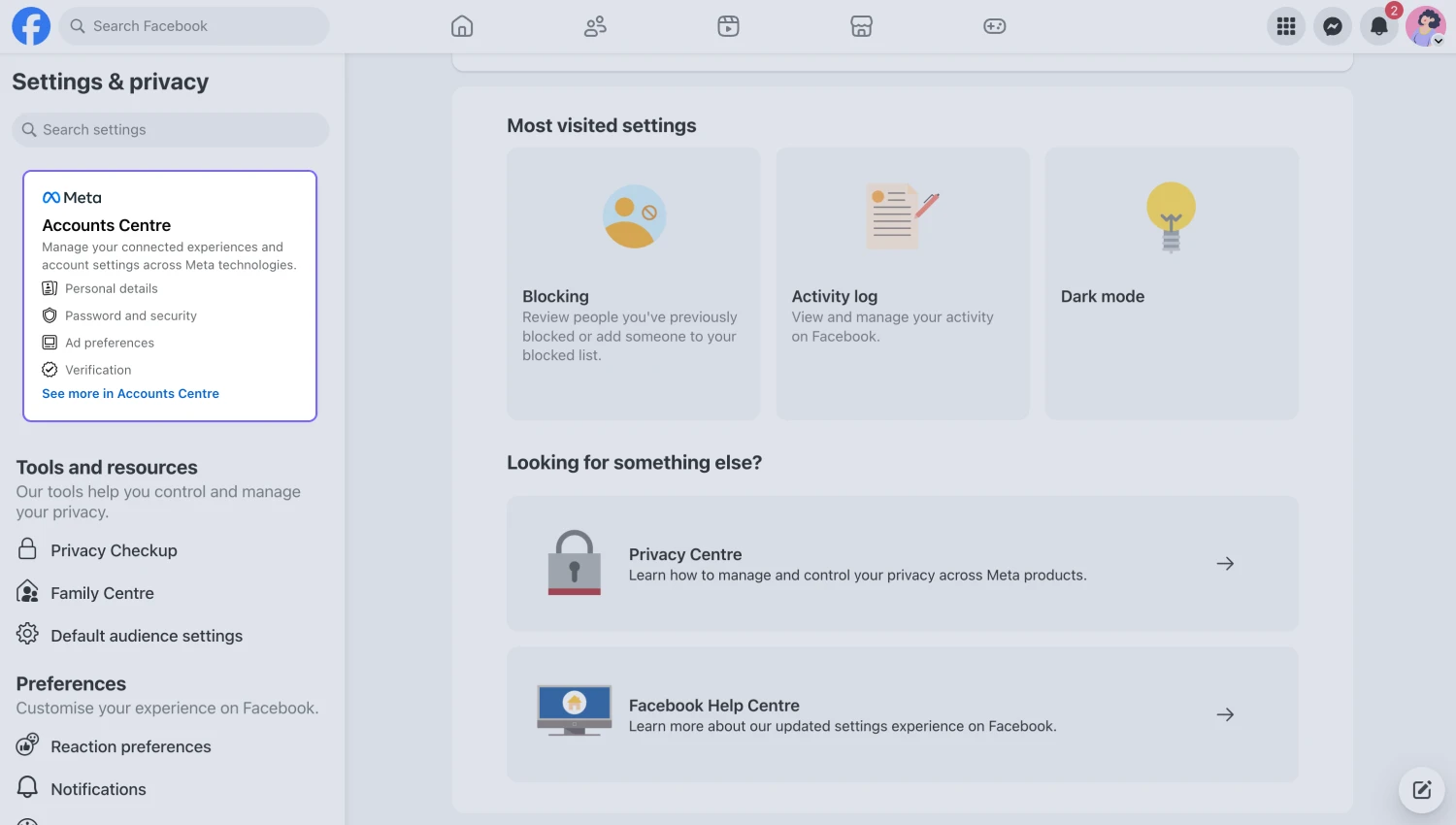 An image showing the “Accounts Center” on your Dashboard, which allows you to access your personal details