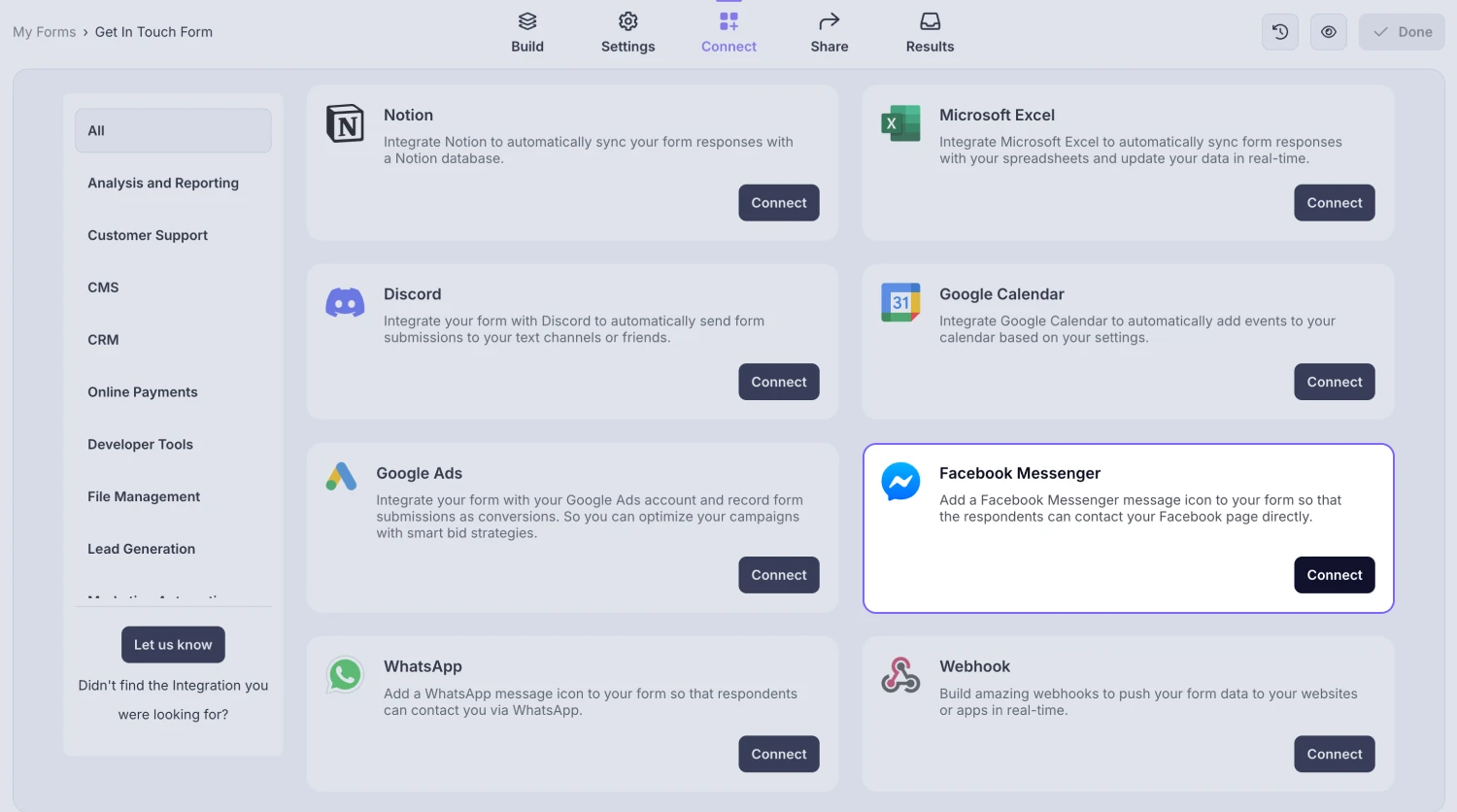 An image showing the “Facebook Messenger integration” button, which you can easily find by accessing the “Connect” tab