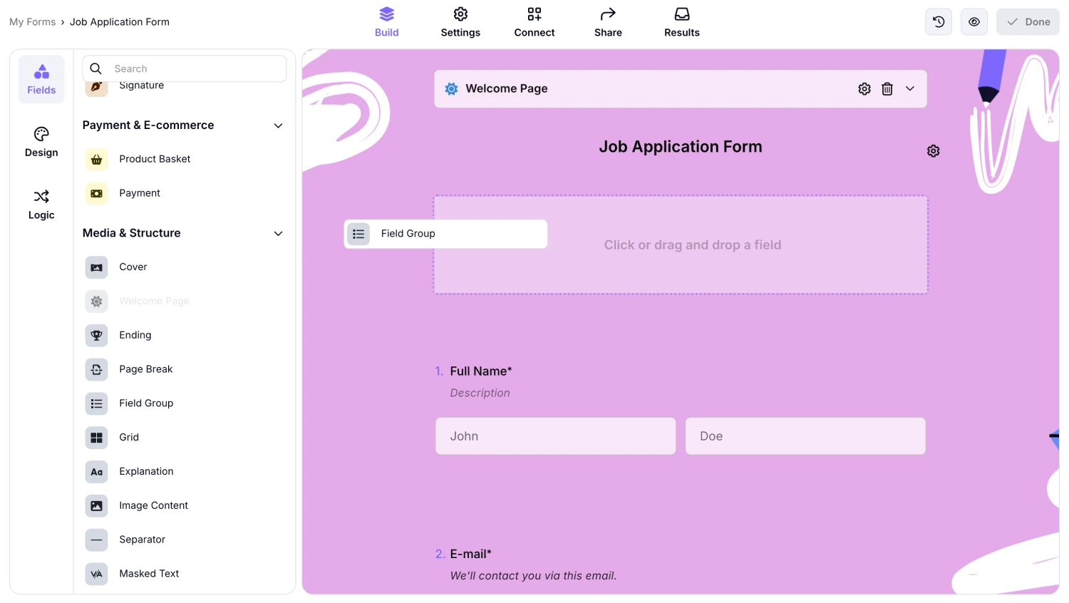 An image showing how you can find the “Field Group” field from the menu on the left and drag&amp;drop it directly to your form