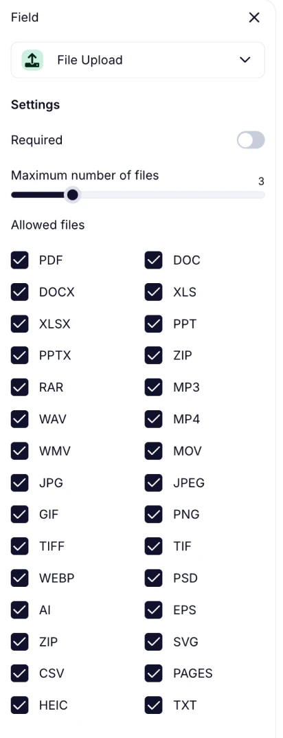 An image showing the field settings and the file formats available for the “File Upload” field