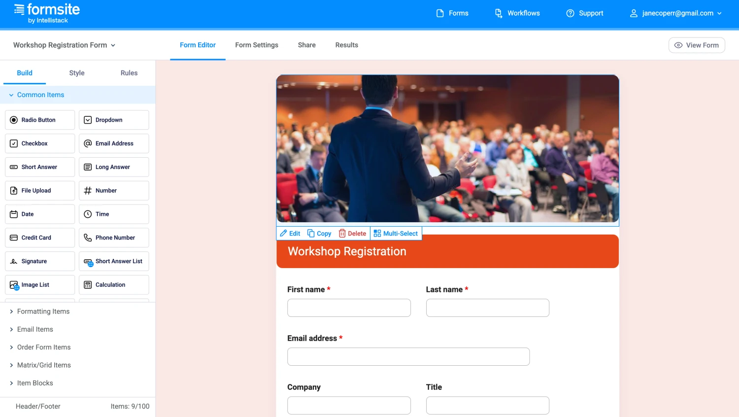 Workspace of Formsite