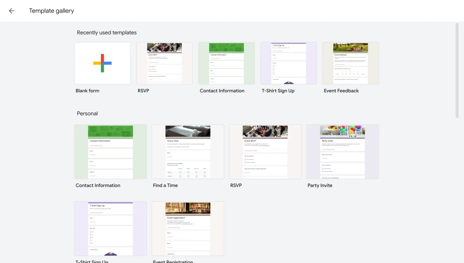 Template gallery of Google Forms