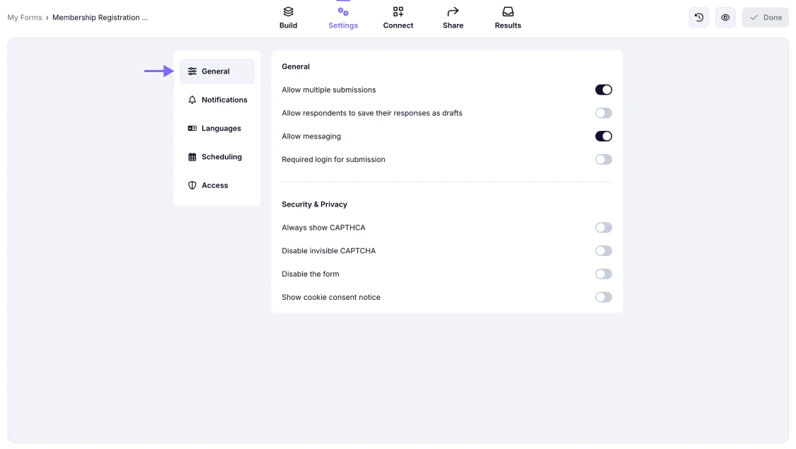An image showing the area in the Settings section where you can set up all the General settings