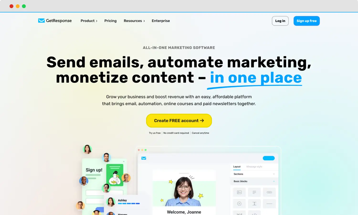The homepage of Getresponse