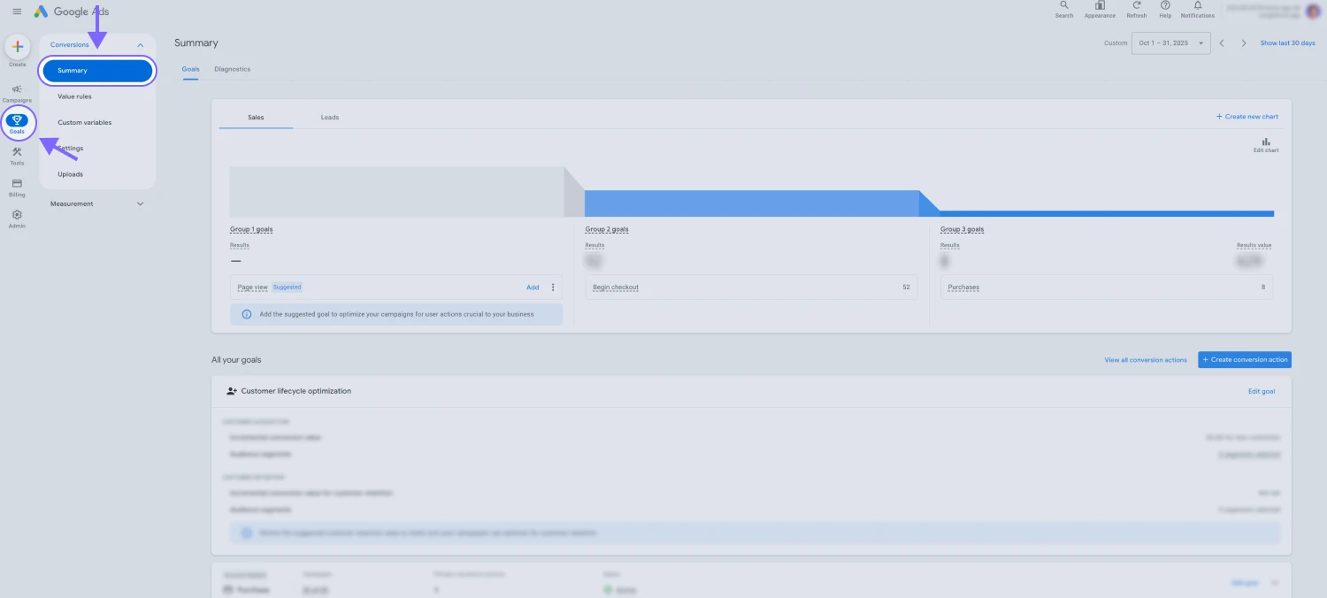 An image showing the Google Ads workspace where you will need to press the “Goals” tab from the left and access the “Summary” section