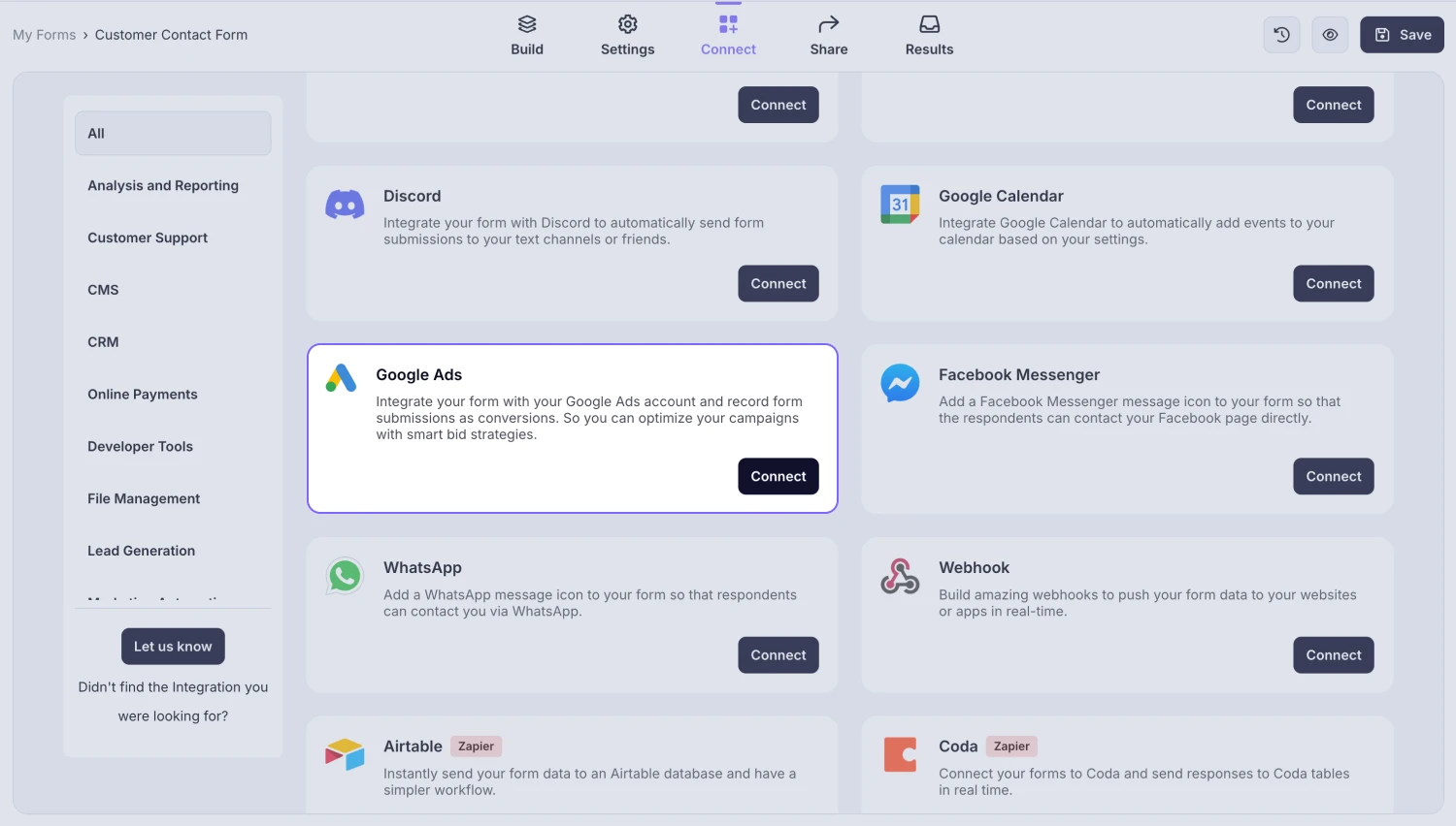 An image showing the “Google Ads integration” button, which you can easily find by accessing the “Connect” tab