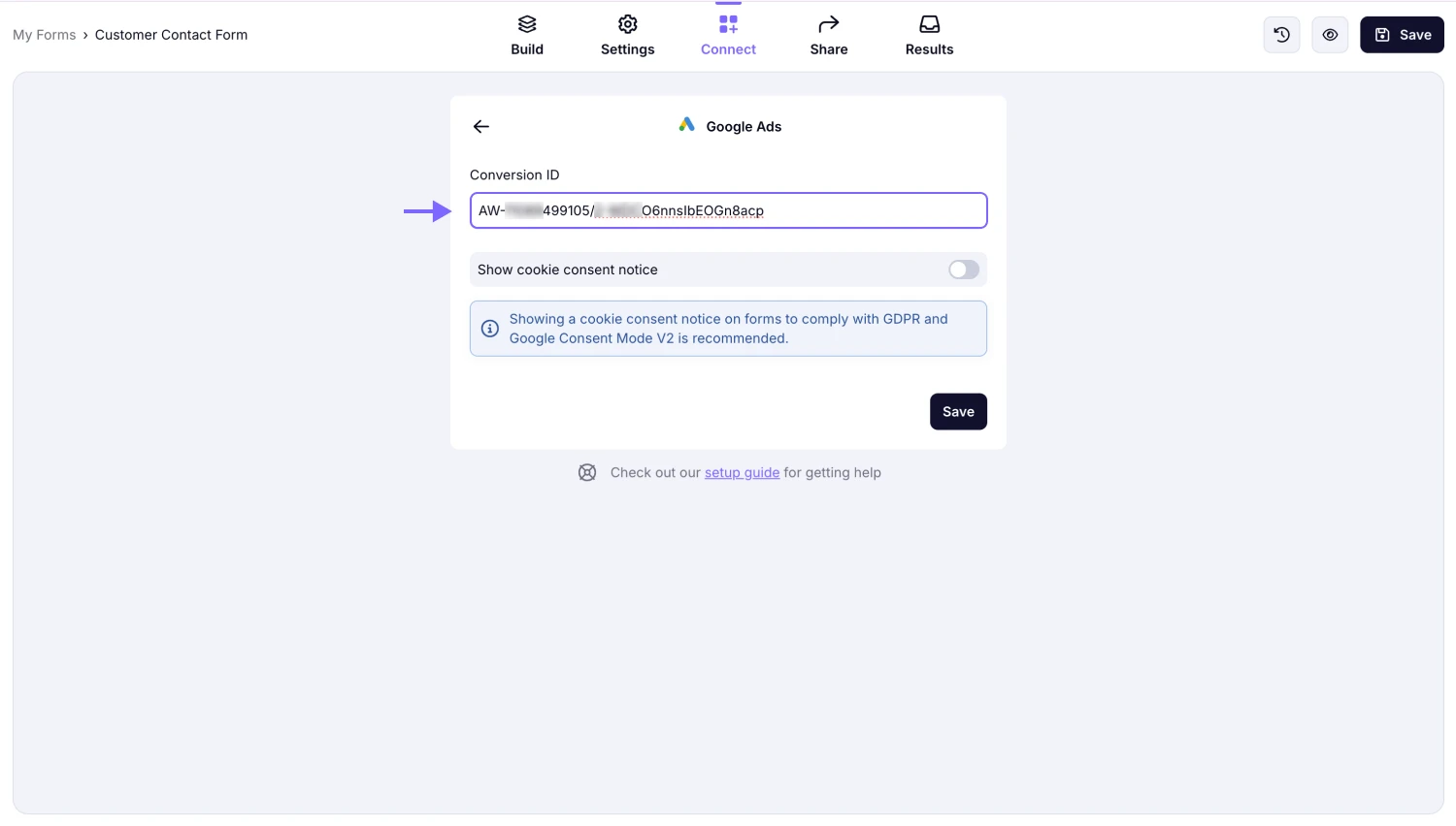 An image showing the area from the “Connect” section where you will be able to paste your conversion ID