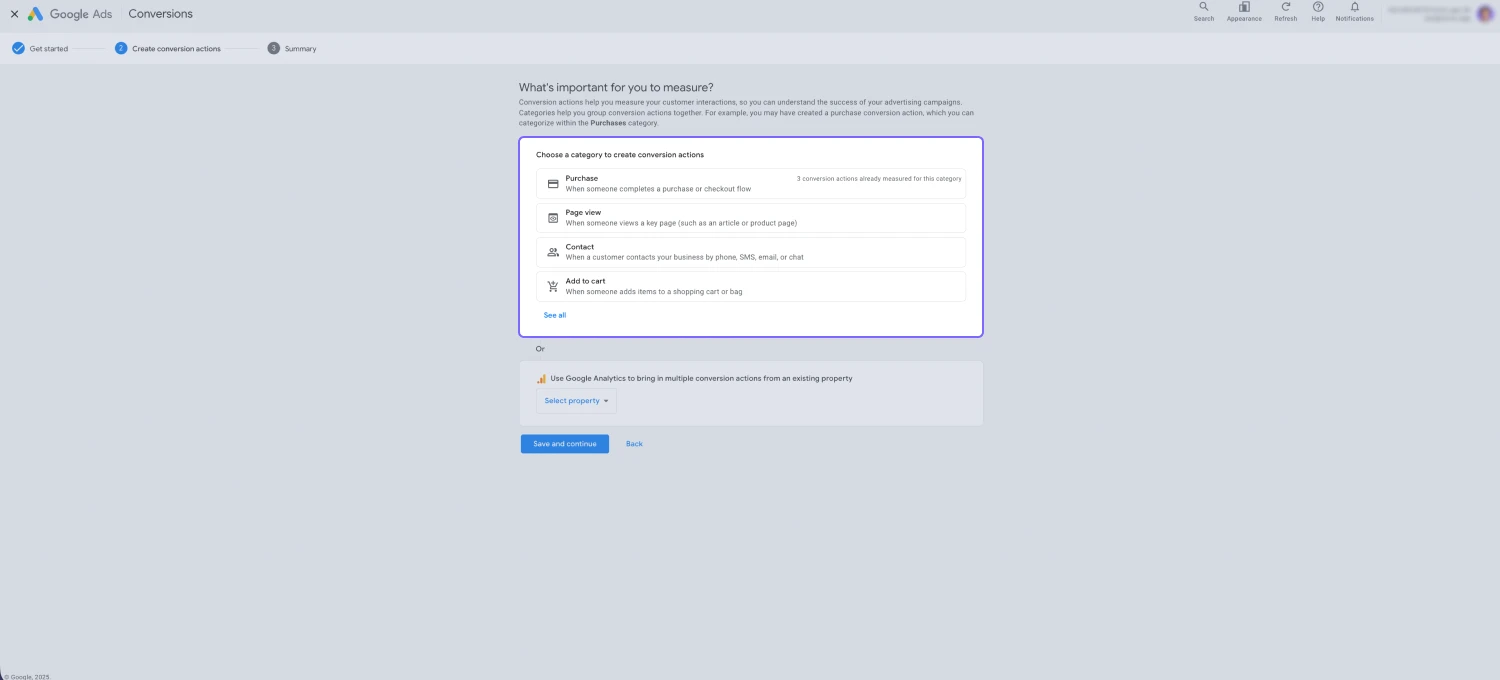 An image showing the page where you need to select a category to create conversion actions