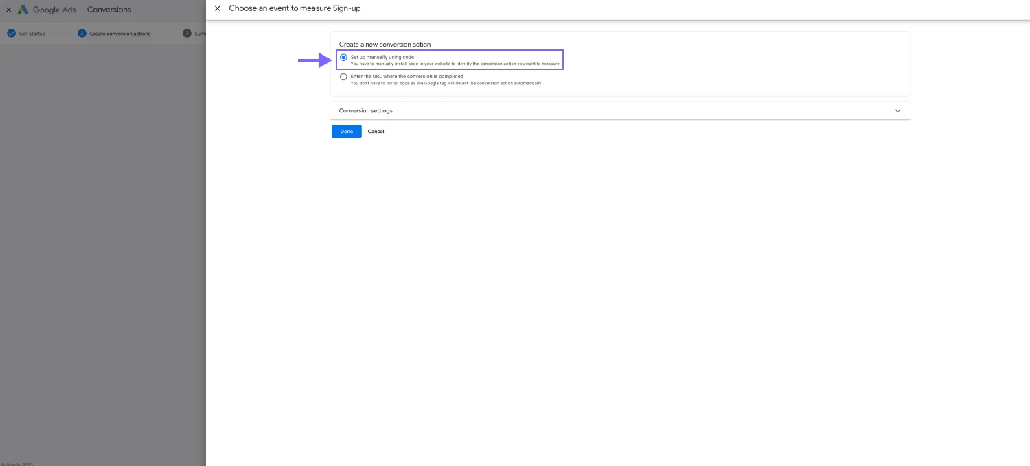 An image showing the “Set up manually using code” option that must be selected in the appeared menu