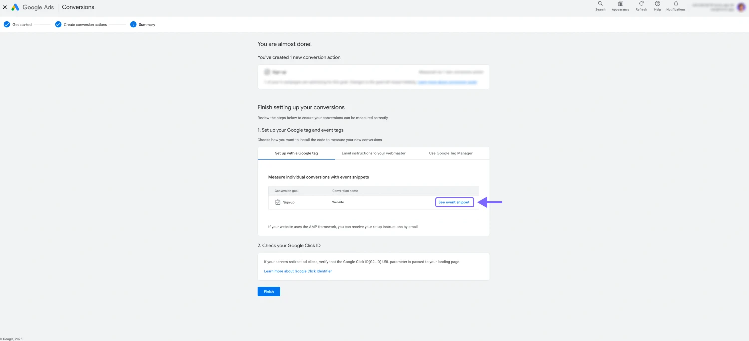 An image showing the “See event snippet” button, which is located in the “Summary” section