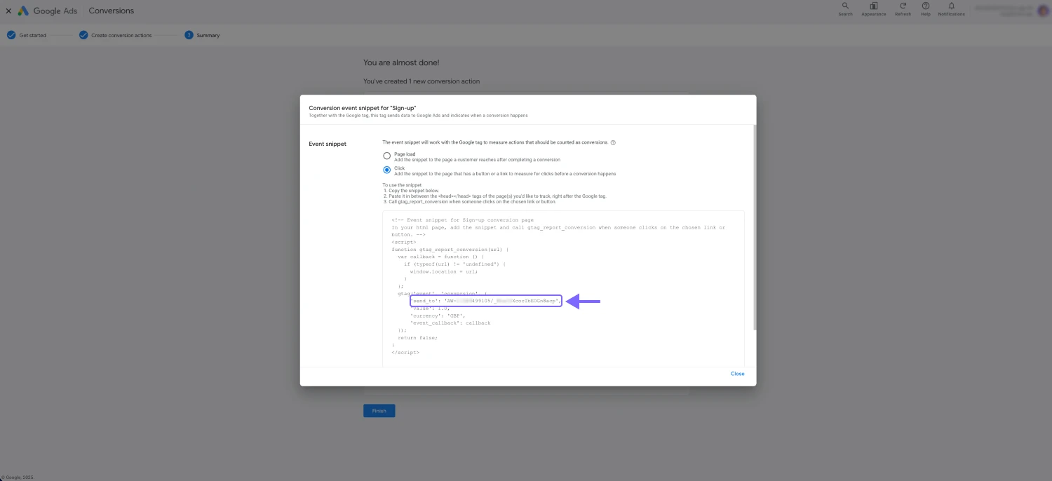 An image showing the place in the screen where you will be able to find and copy the “conversion ID”