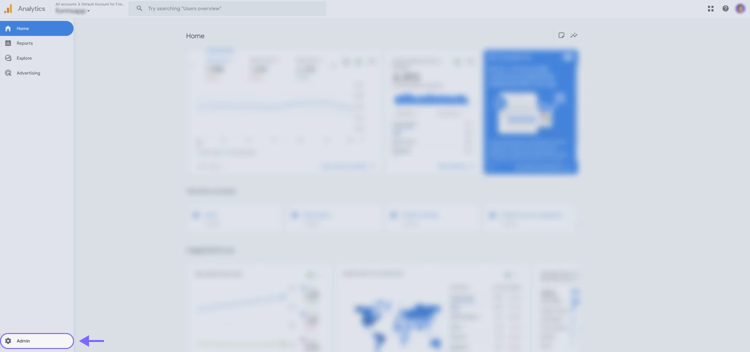 An image showing the “Google Analytics” interface where you can see the “Admin” tab from the left side menu