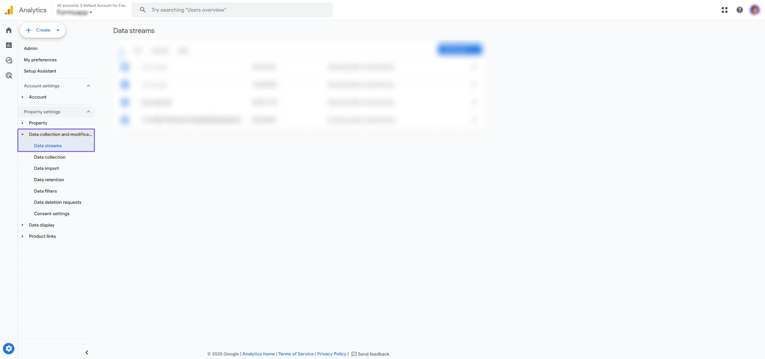 An image showing the “Data streams” option, which you need to select by first accessing the “Property settings” section