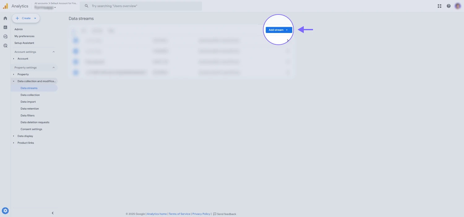 An image showing the “Add stream” button in the upper right corner for adding a new stream for the web