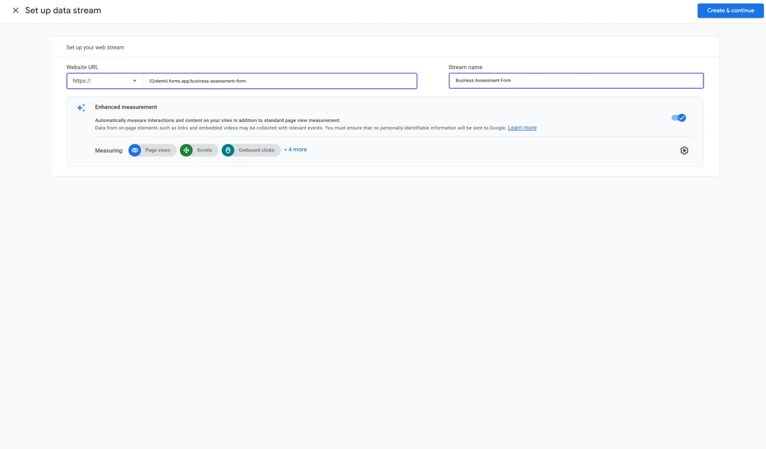 An image showing the stream setup screen where you can enter your form URL and give your stream a name