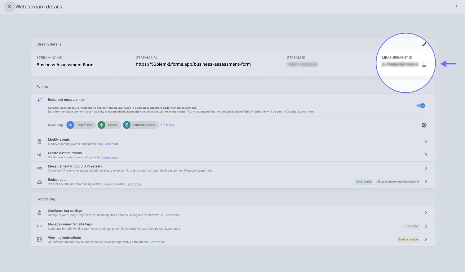An image showing the area where the “MEASUREMENT ID” is located for you to copy it