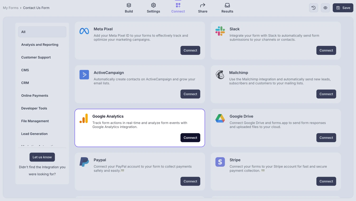 An image showing the “Google Analytics integration” button, which you can easily find by accessing the “Connect” tab