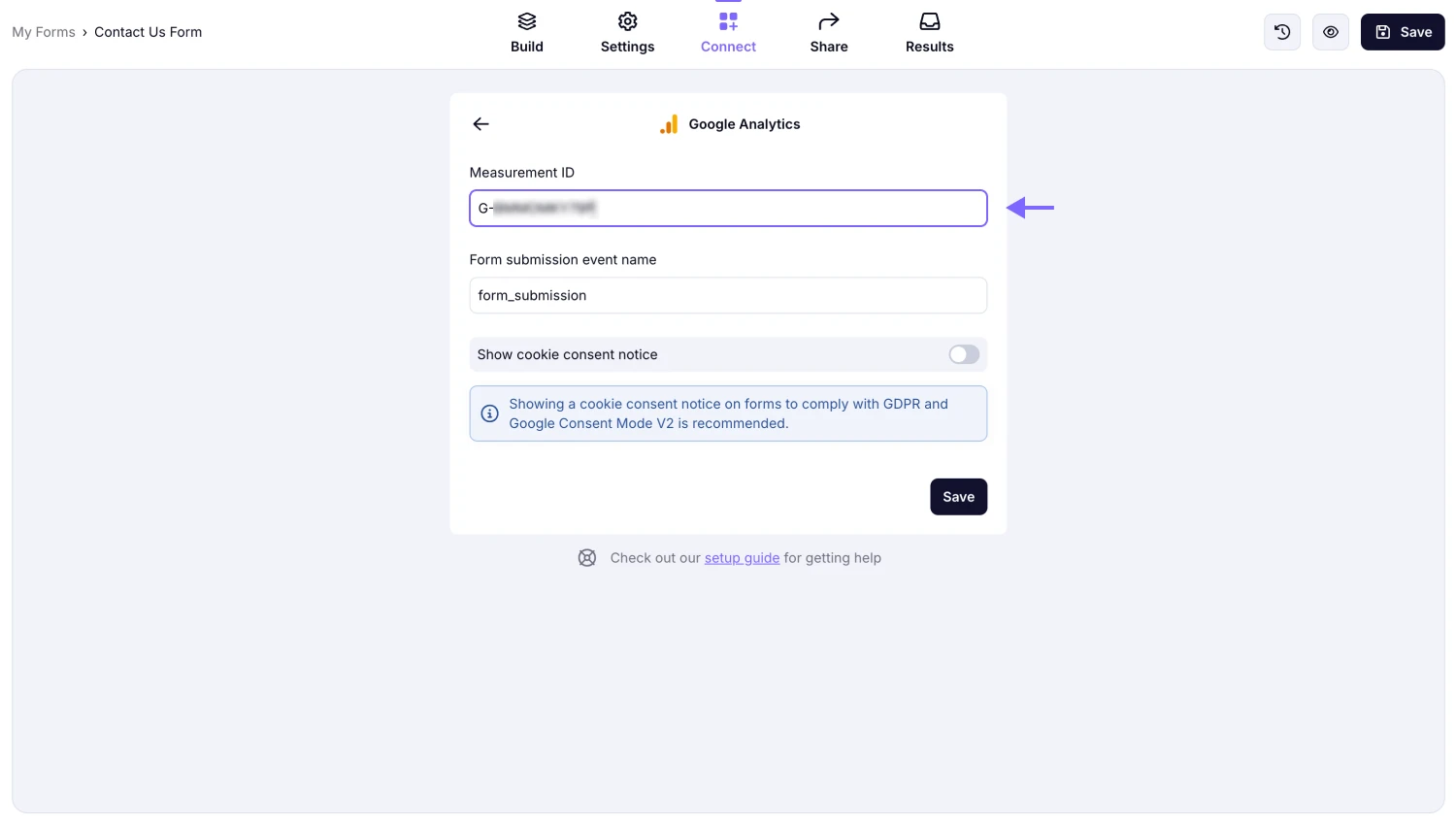 An image showing the “Connect” section, where you can paste the copied MEASUREMENT ID