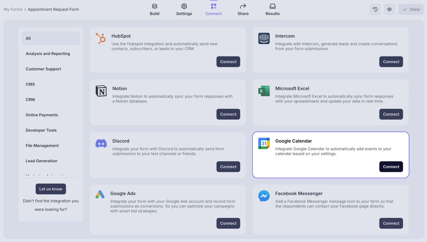 An image showing the “Google Calendar integration” button, which you can easily find by accessing the “Connect” tab