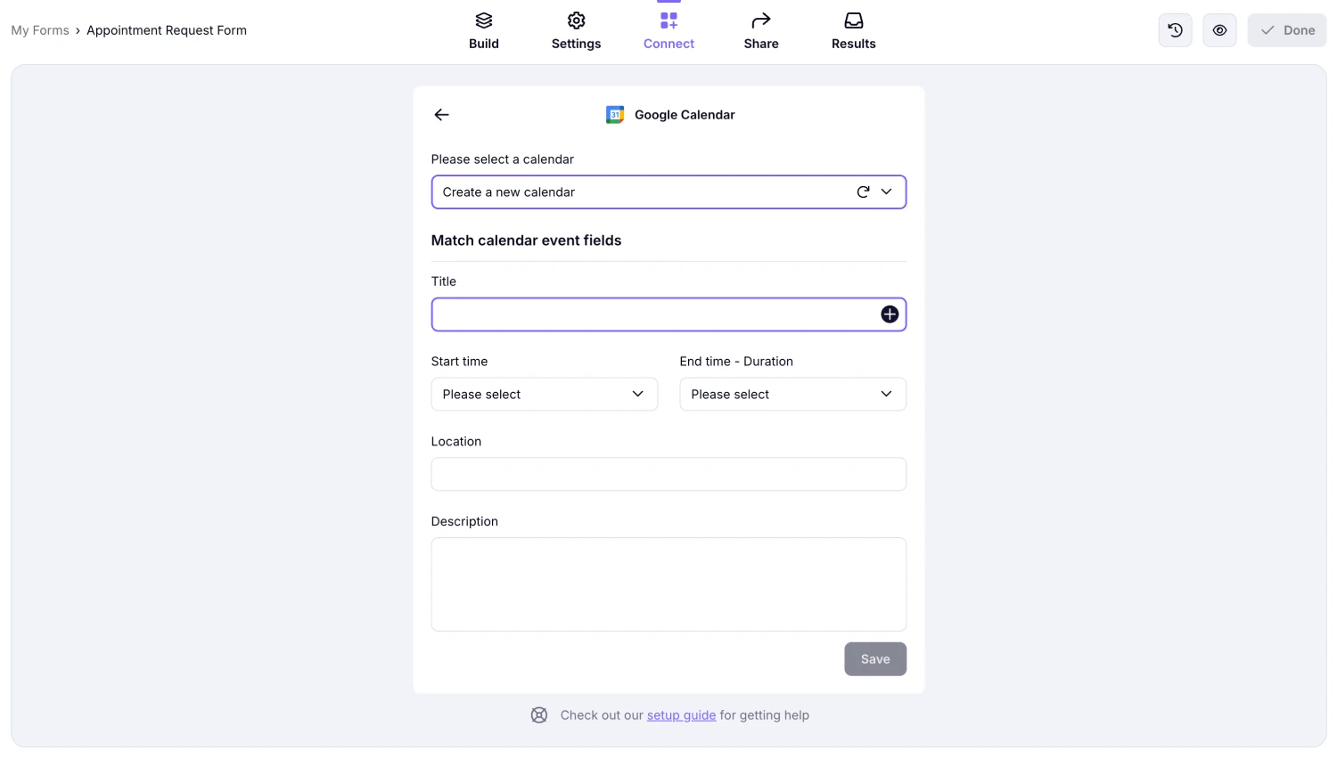 An image showing the integration settings where you will need to select a calendar and add a title for your events