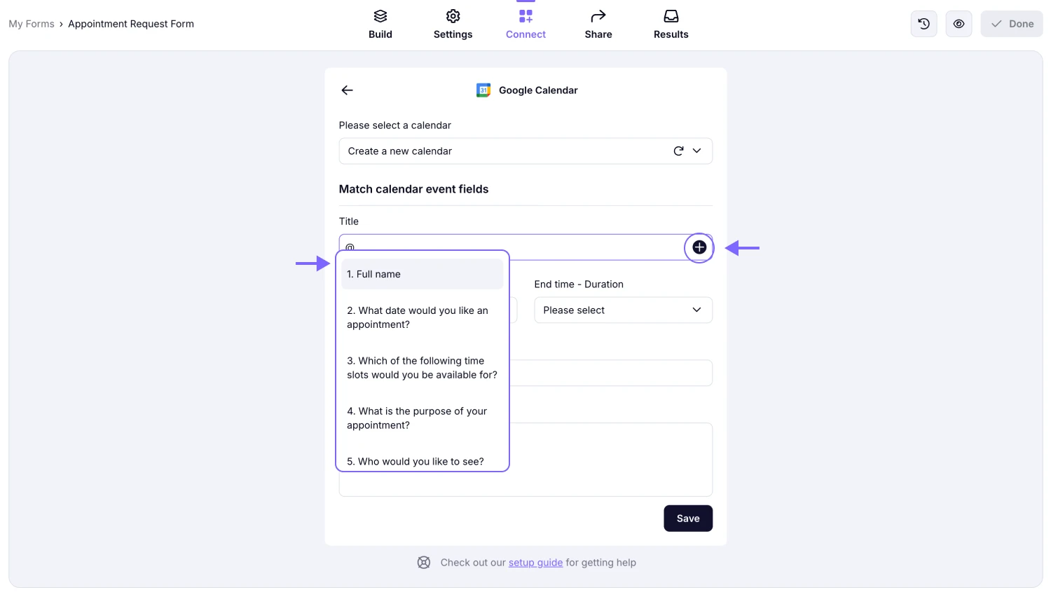 An image showing the feature that allows you to select a title from the form fields you have by clicking the “+” button