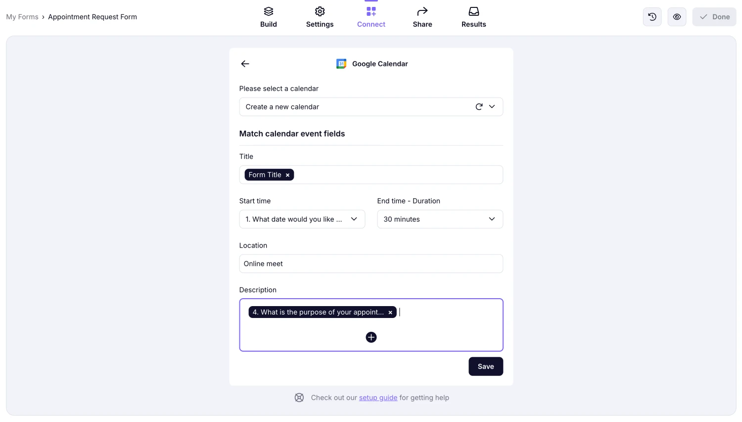 An image showing the “Description” area where you can add a fixed description for events or use form fields as variables