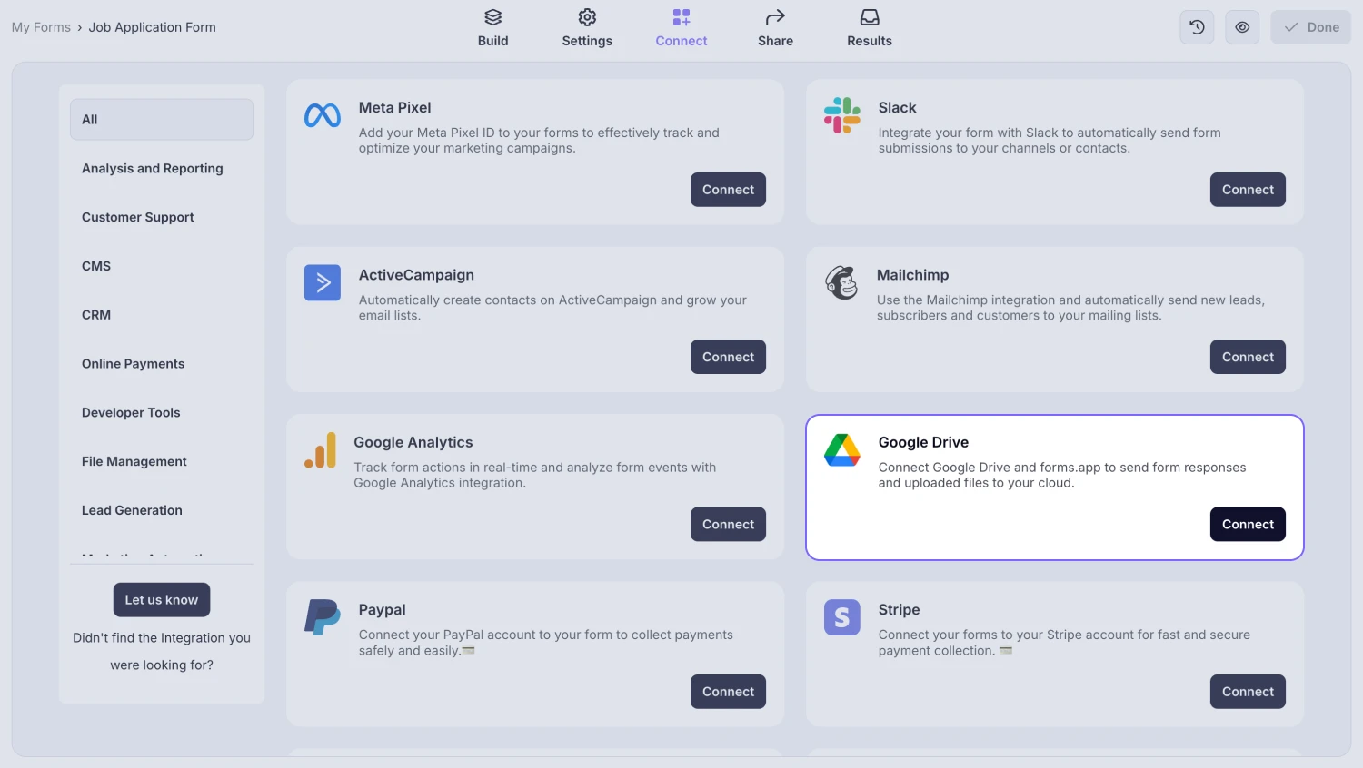 An image showing the “Google Drive integration” button, which you can easily find by accessing the “Connect” tab