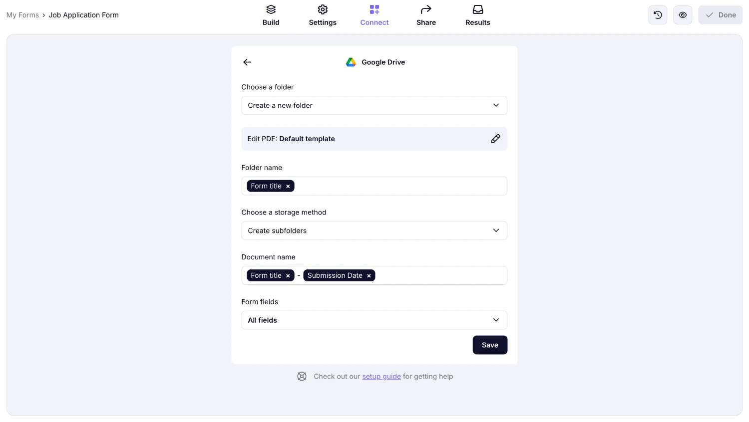 An image showing the integration options can be adjusted when setting up the connection