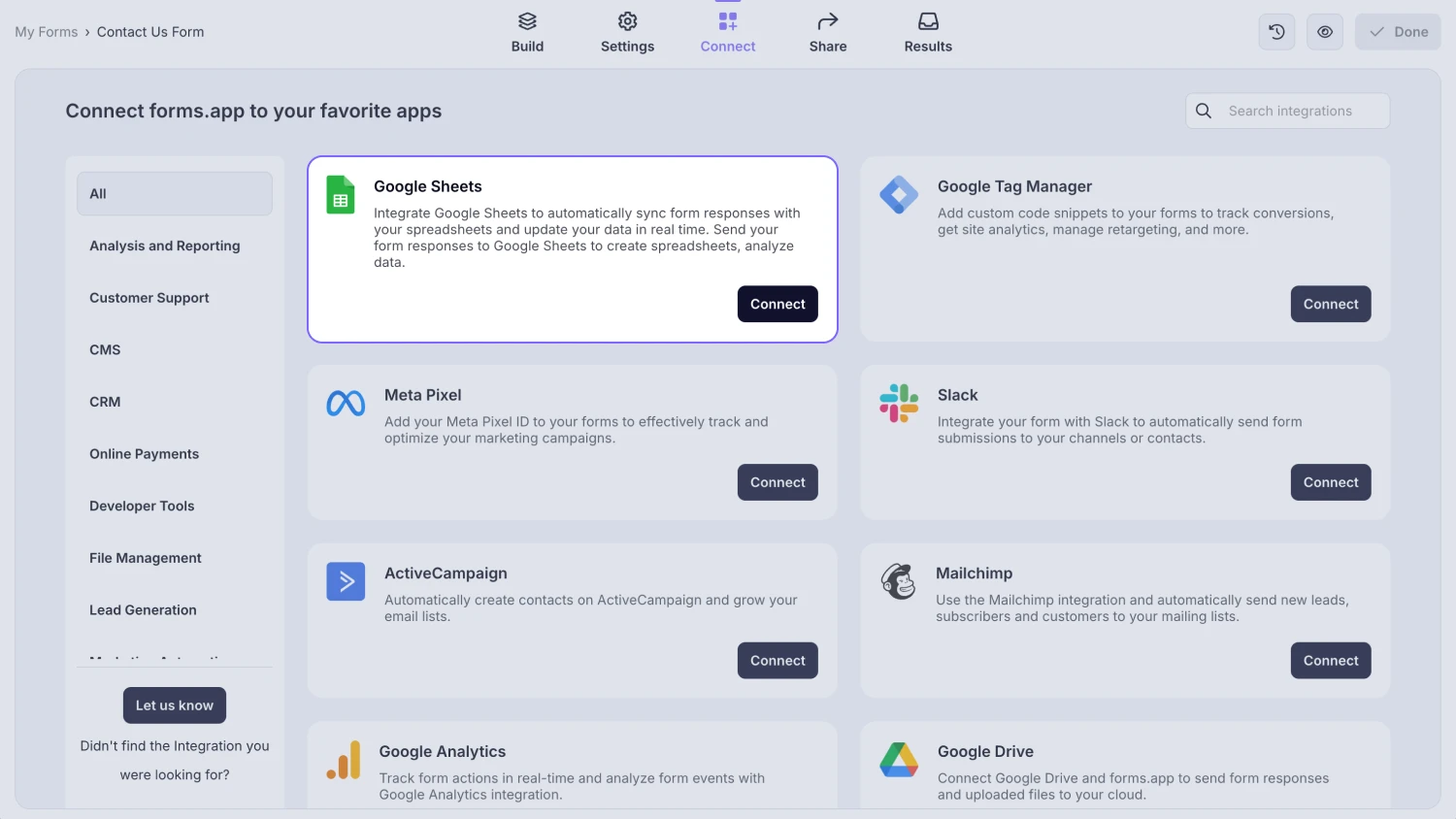 An image showing the “Google Sheets integration” button, which you can easily find by accessing the “Connect” tab