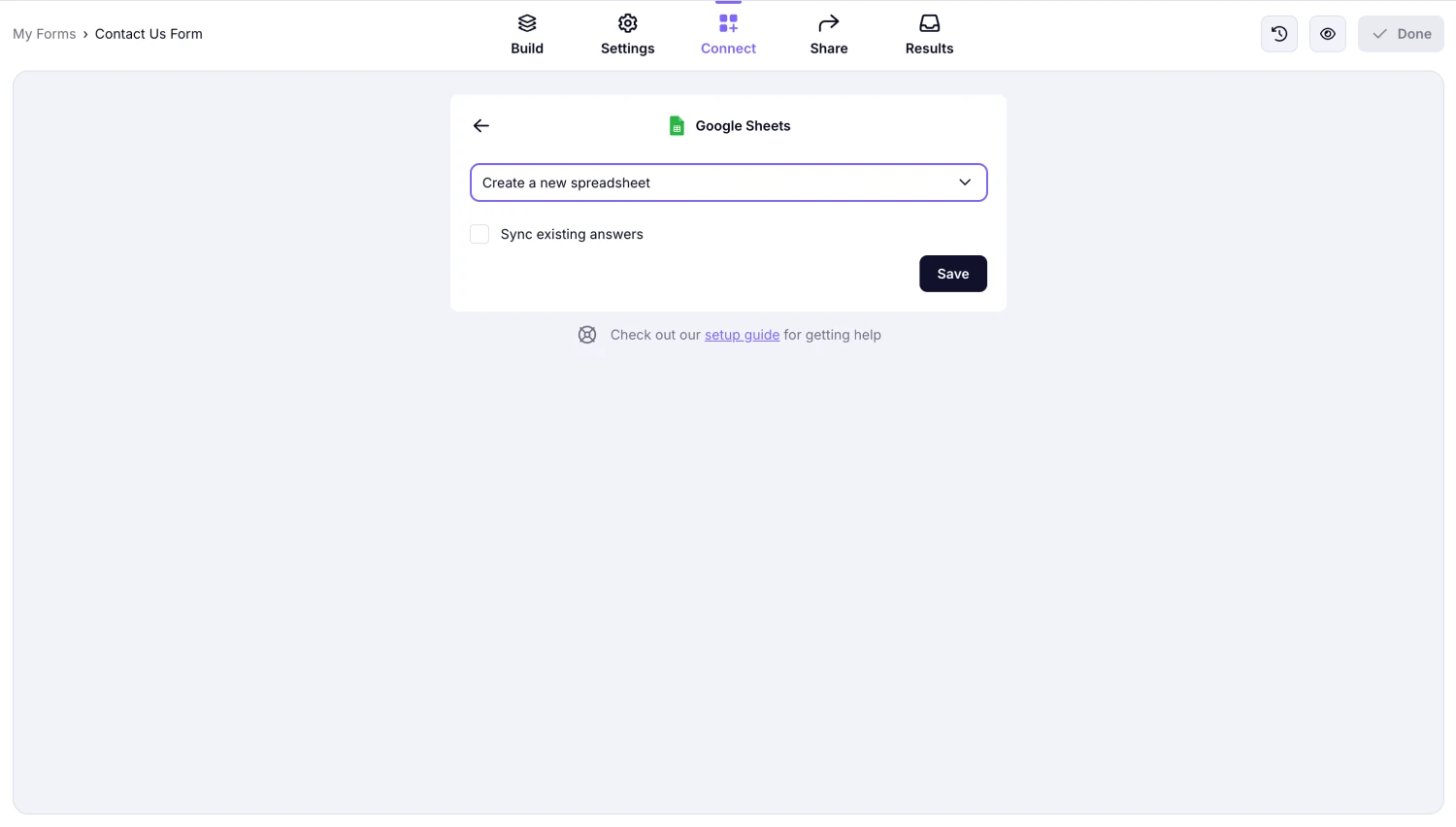 An image showing the “Create a new spreadsheet” option, which you can keep or select an existing spreadsheet for your future responses