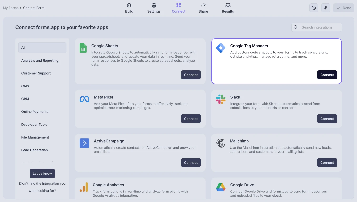 An image showing the “Google Tag Manager integration” button, which you can easily find by accessing the “Connect” tab