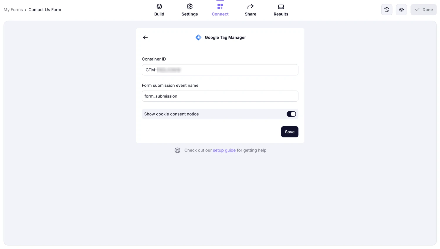 An image showing the area from the “Connect” section where you will need to enter your Tag Manager Container ID and enable the “Show cookie consent” toggle