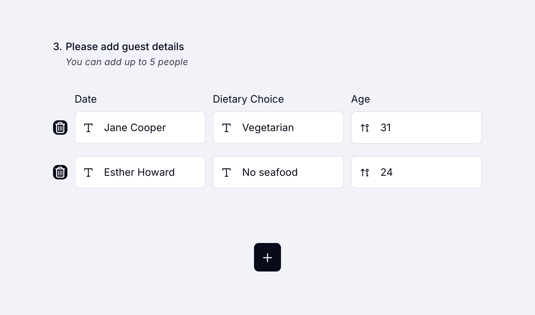 An image showing an example of the “Grid” field usage with three different data types