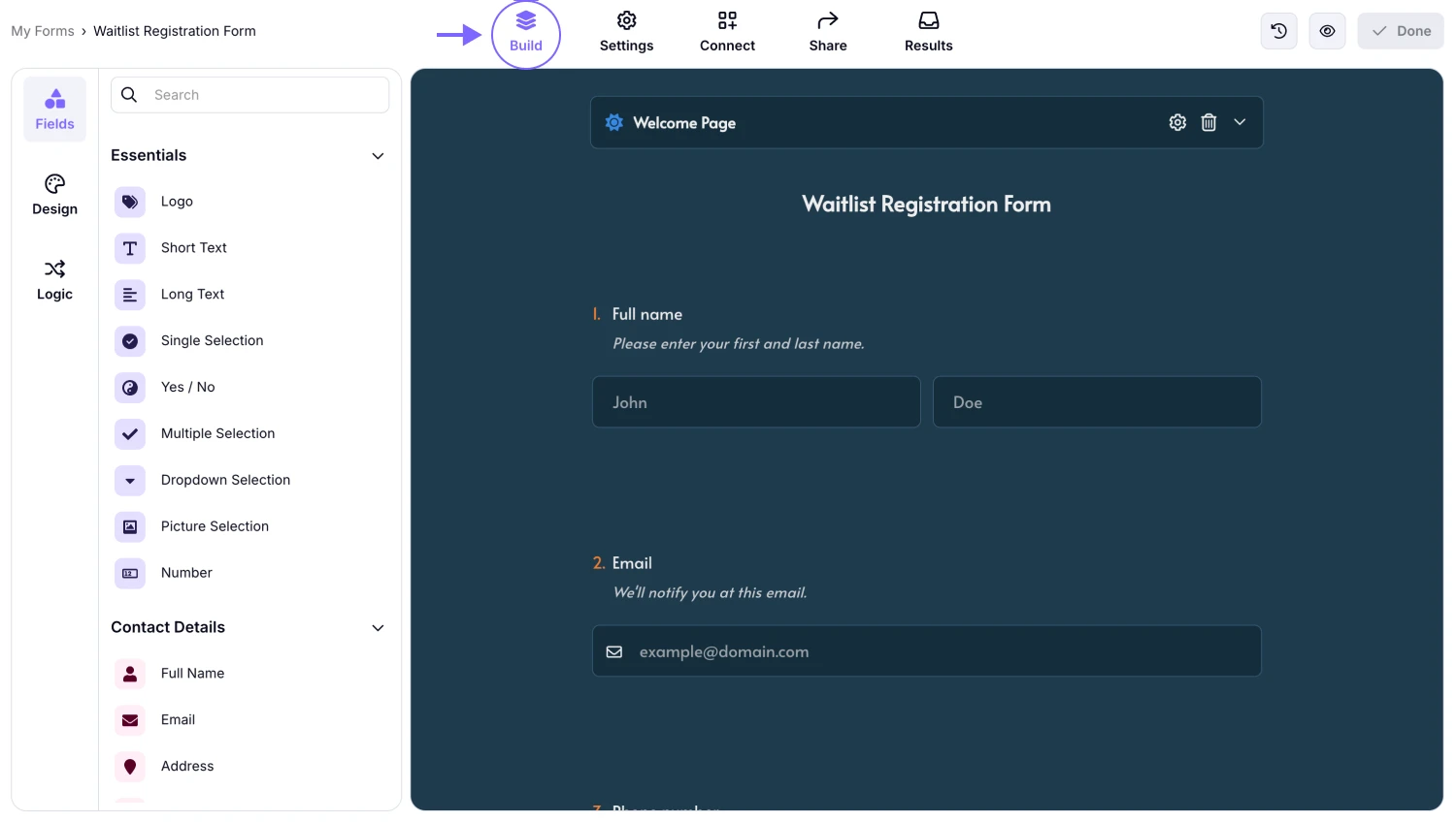An image showing how to access the “Build” section once you open your form