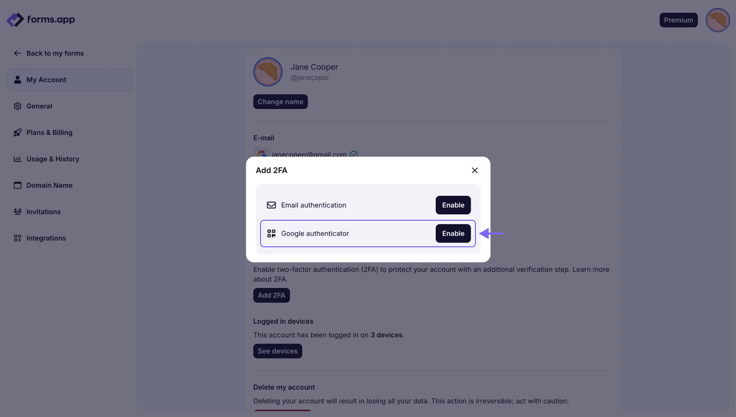 An image showing the pop-up appearing and the “Email authentication” option, which you need to select