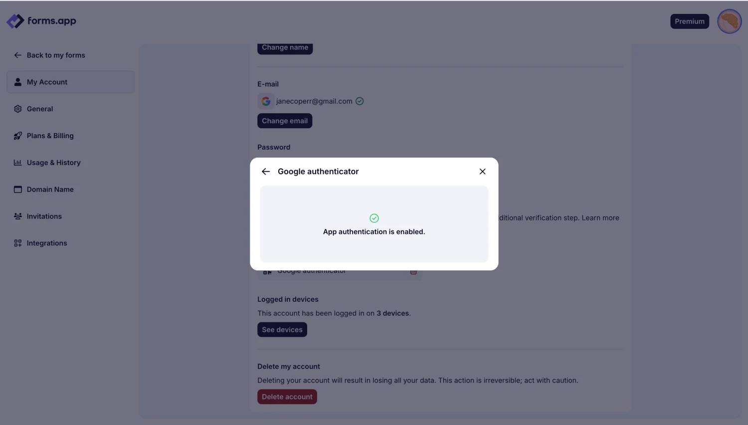 An image showing the pop-up with the successful 2FA set up and the Recovery Codes for you to copy