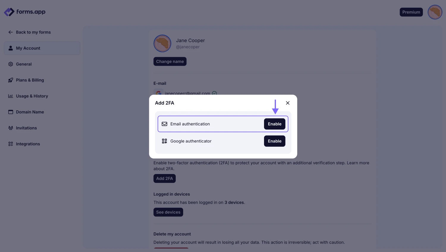 An image showing the pop-up appearing and the “Google Authenticator” option, which you need to select