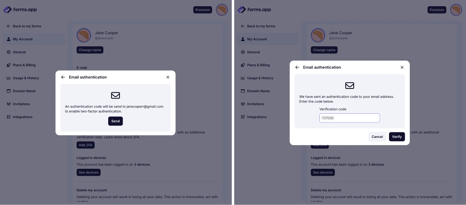 An image showing the pop-up appearing with the QR code that you need to scan within your app and enter the code afterward