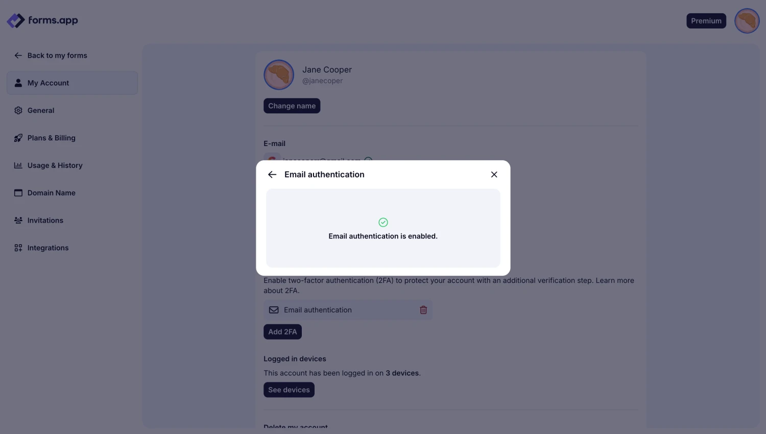 An image showing the pop-up with the successful 2FA set up and the Recovery Codes for you to copy