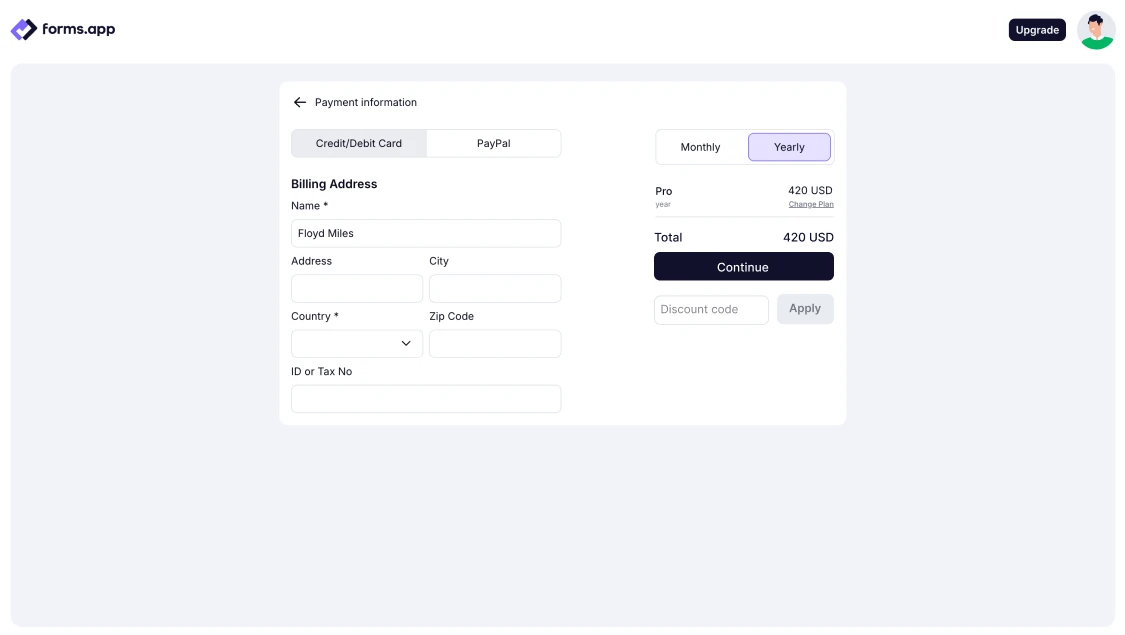 An image showing the page you will be redirected to, where you will be able to choose between a monthly or annual plan and start entering your payment details