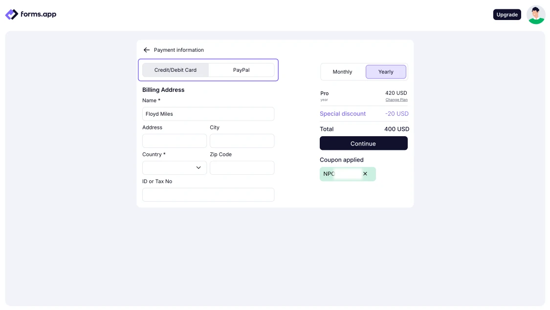 An image showing the payment options (Credit/Debit Card and PayPal) you have, and where you can select them
