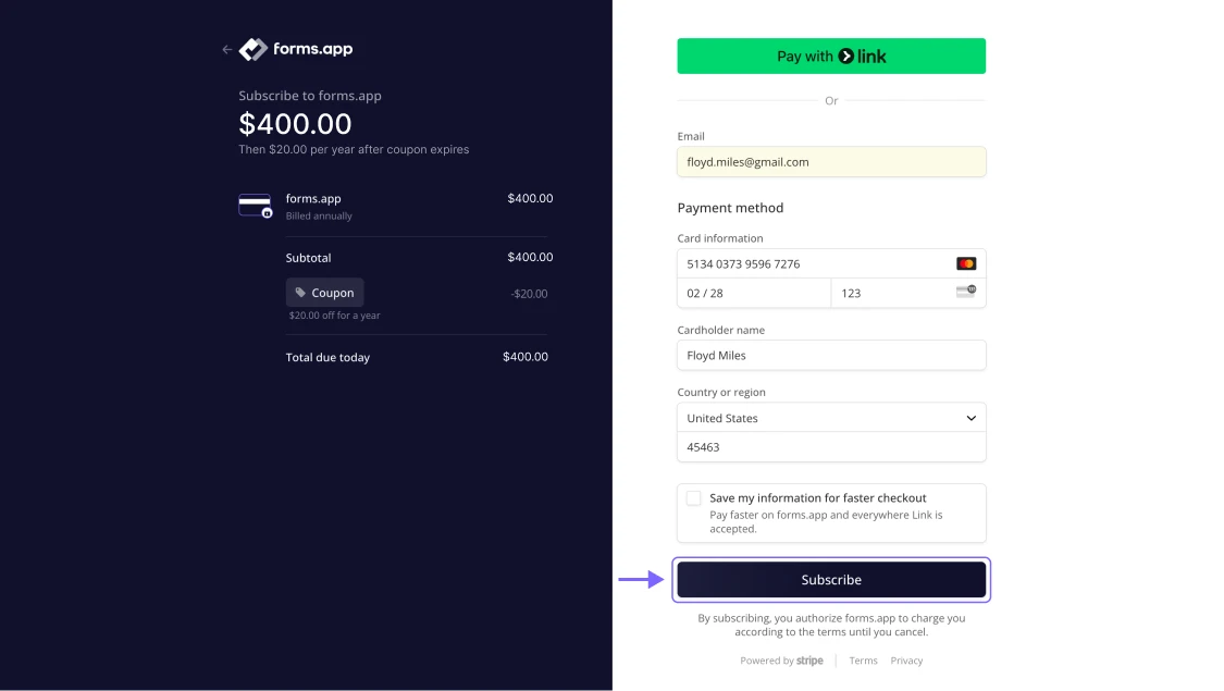 An image showing the checkout page where you will need to enter your card details and press the “Subscribe“ button in the end