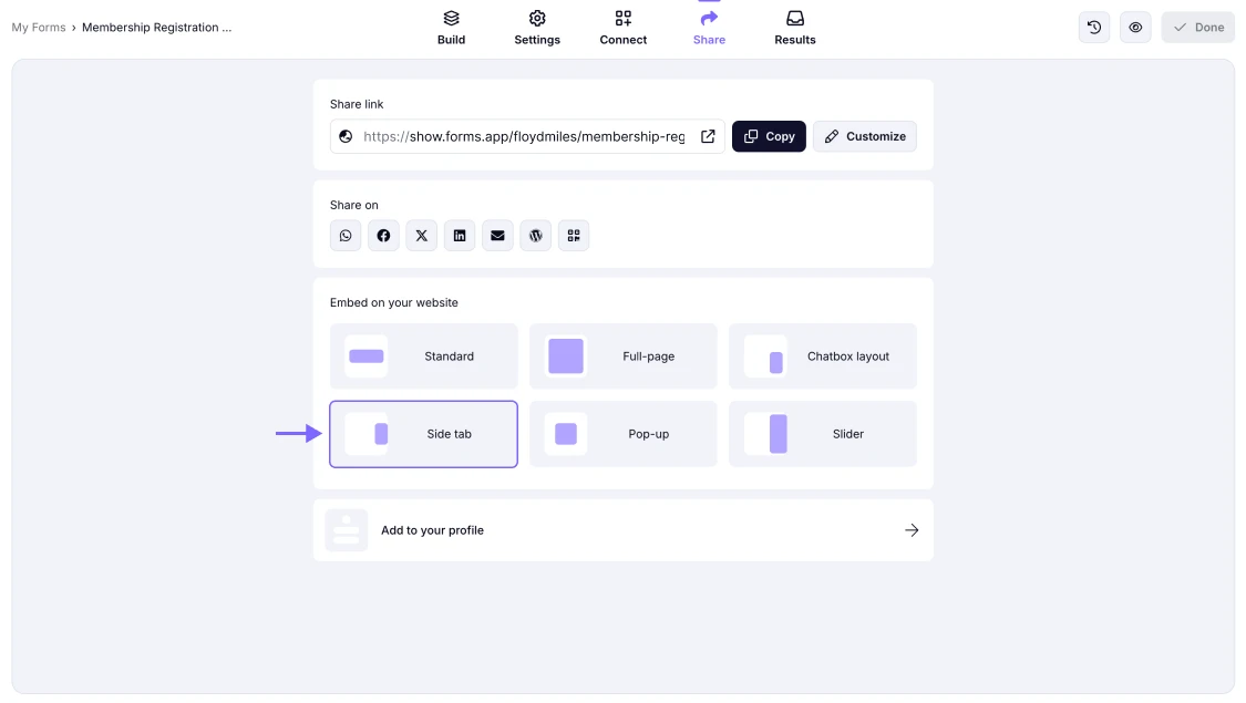 An image showing where you can locate the “Side tab” option from all the embedding options provided