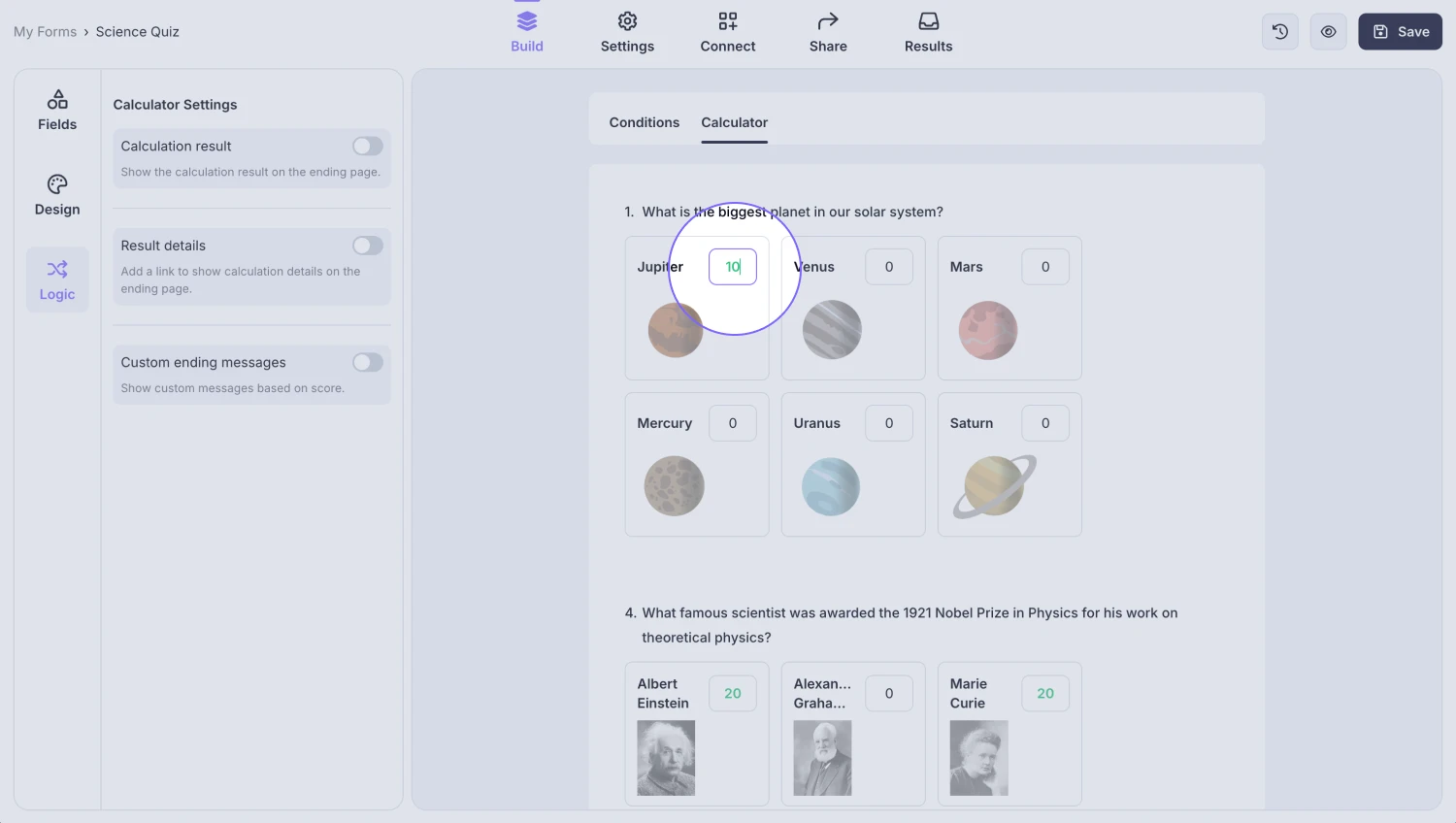 An image showing an example of an entered score for the option