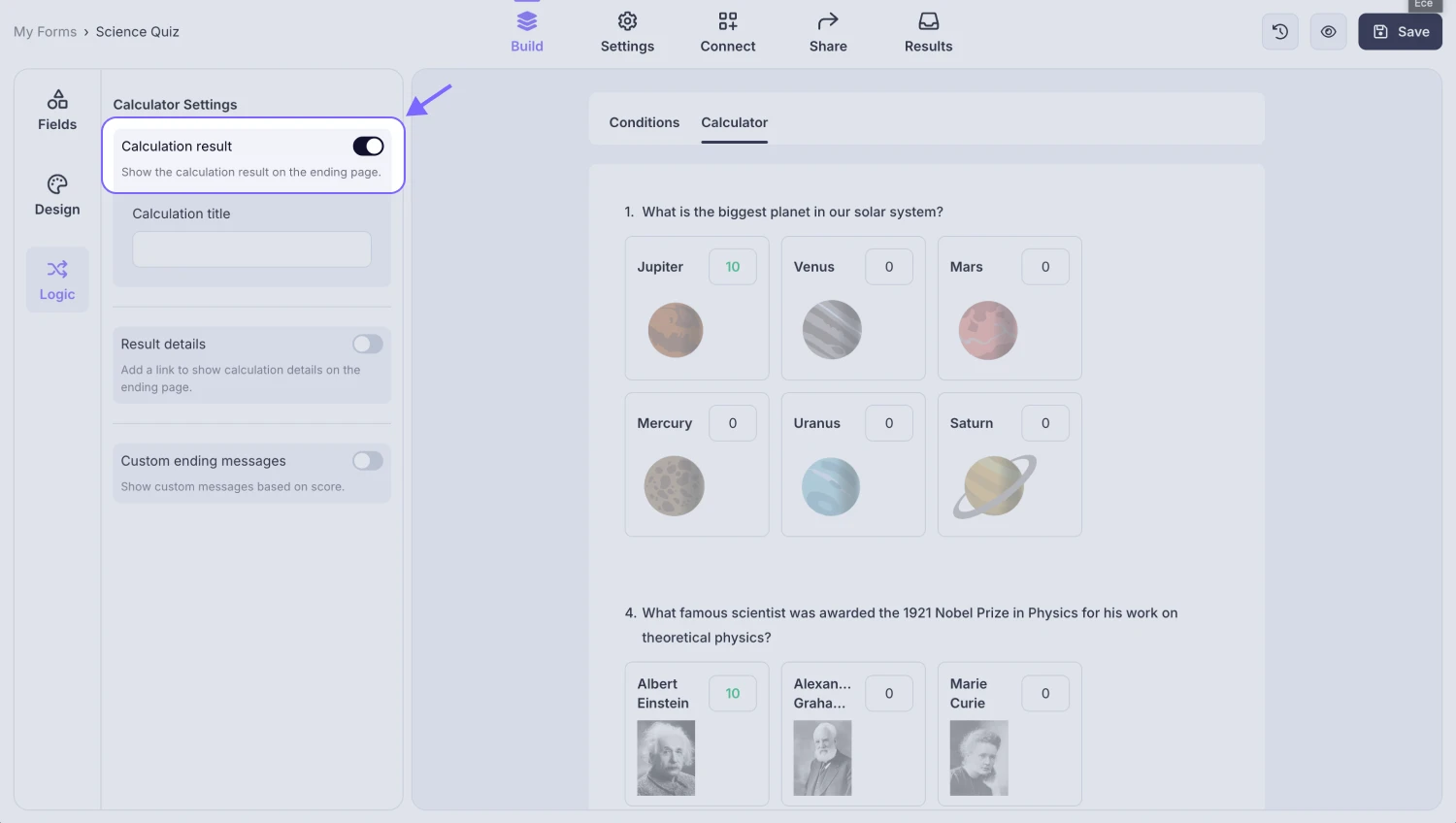 An image showing where you can find the “Calculation result” toggle and enable it