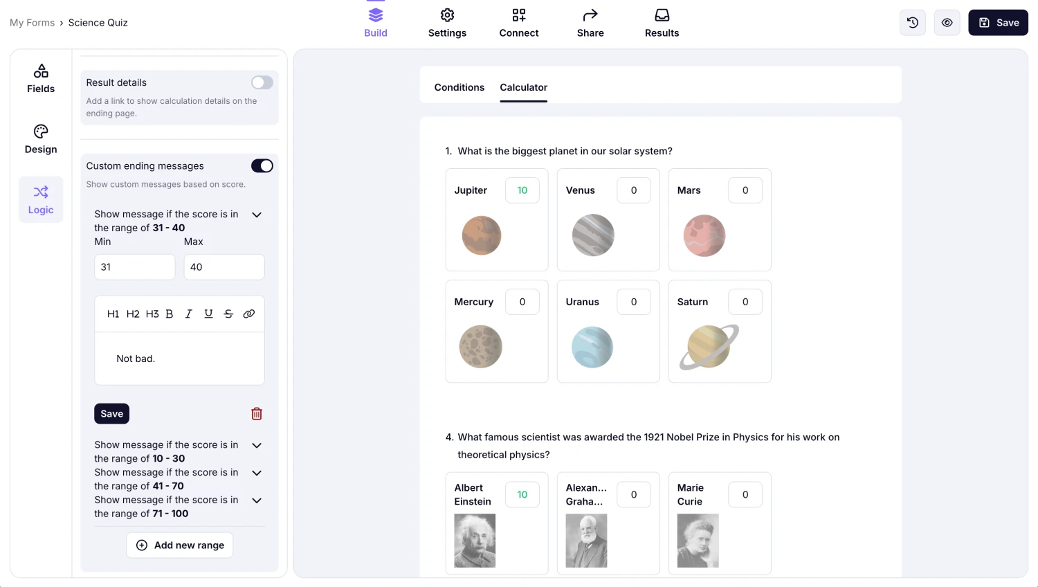 An image showing an example of the added range and the custom message for this particular range result