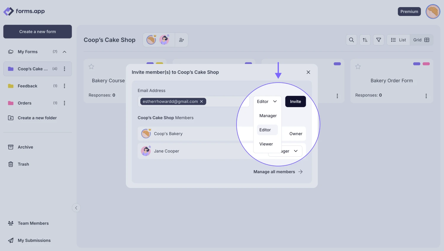An image showing the menu where you can select the role of your team member and the “Invite” button, which you need to click once you are done