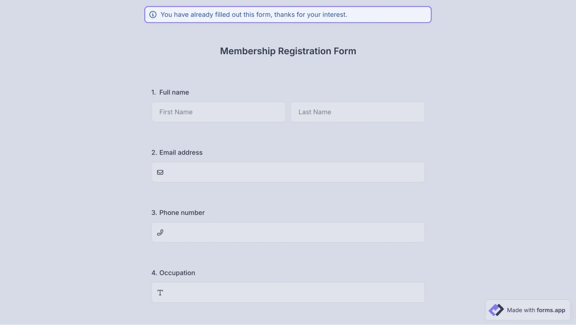 An image showing an example of the warning the respondent will see in case they access the already submitted form once again