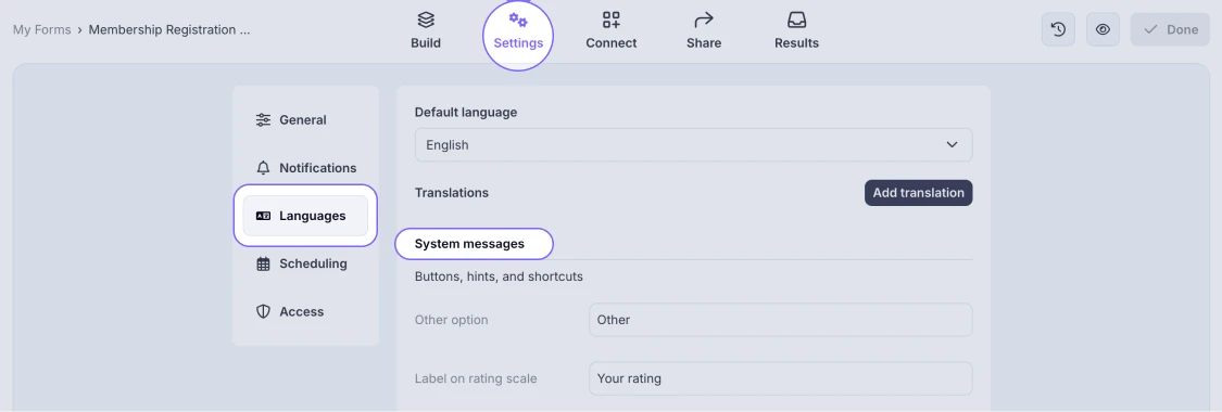 An image showing how to access the System Messages area from the Settings tab